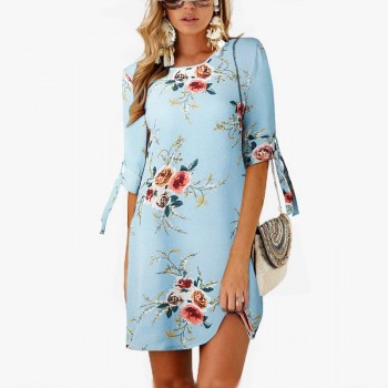 2019 Women Summer Dress Boho Style Floral Print Chiffon Beach Dress Tunic Sundress Loose Mini Party Dress